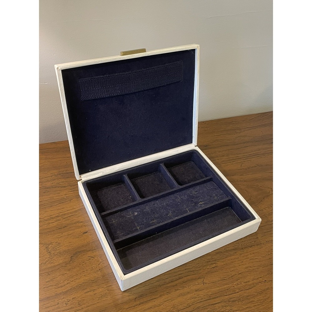 Vintage 80s Avon‎ Jewelry Box White Cushion Faux Leather Navy Velvet Interior